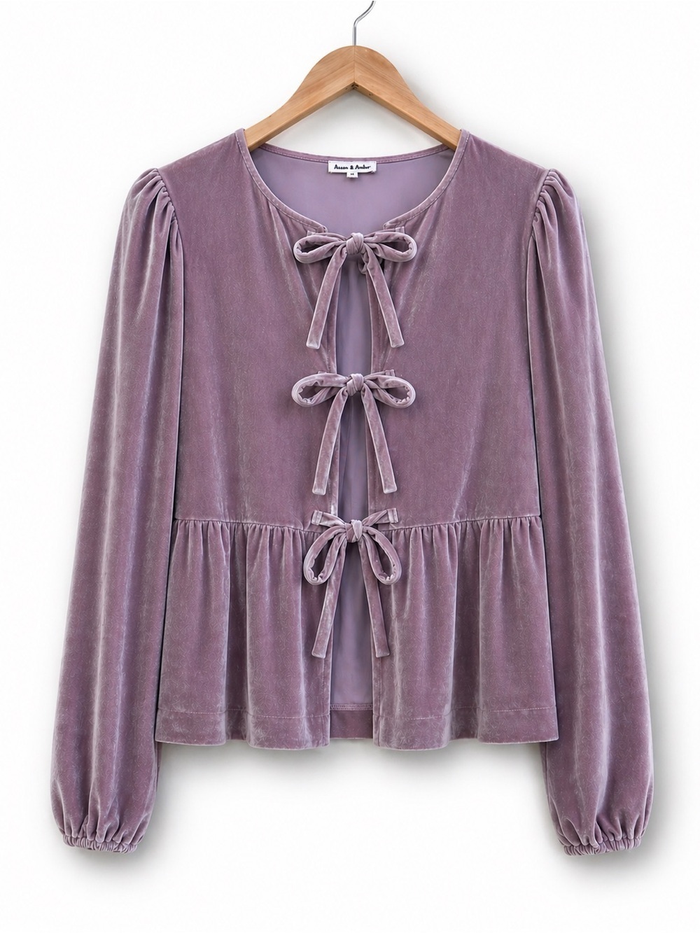 Aaron & Amber | Dusty Rose Velvet Tie-Front Peplum Balloon Sleeve Blouse Top S